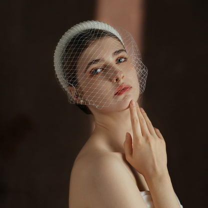 French Hepburn Style Bridal Veil White Vintage Beaded Large Meshed Net Mesh Headband