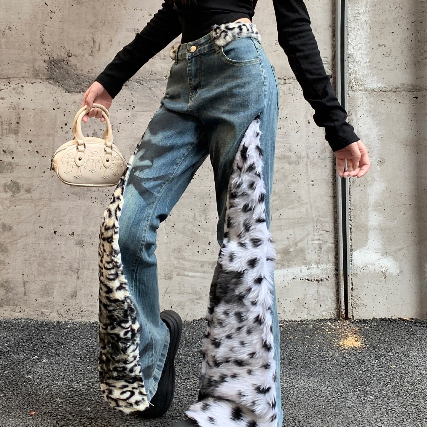 Women's Washed Leopard Splicing Skinny Jeans