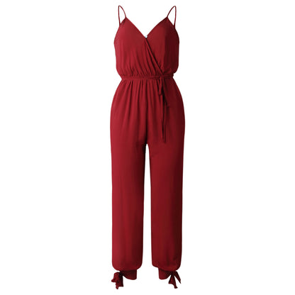 back tether deep V-neck suspender jumpsuit
