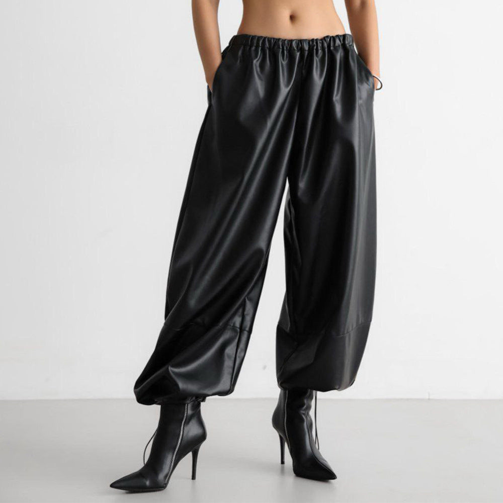 Drawstring Ankle-tied Bloomers Loose Leather Pants PU Leather Trousers