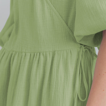 Fashion Ladies Lace Up Short Sleeve Puff Sleeve Dress