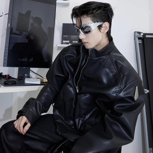 Leather Jacket Metal Graphic Design Jacket Edgy Metallic Accents