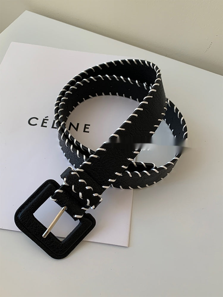 Brown PU Leather Wide Belt Women's Retro Fashion Woven