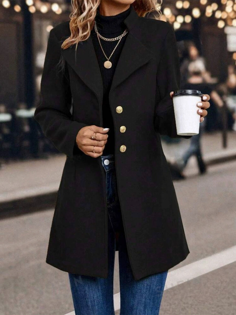 Mid-length Slim-fit Solid Color Woolen Coat With A Notched Collar For Women