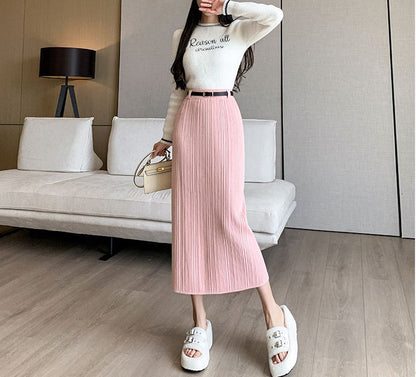 French Stripe Slit Knitted High Waist Sheath Straight Skirt