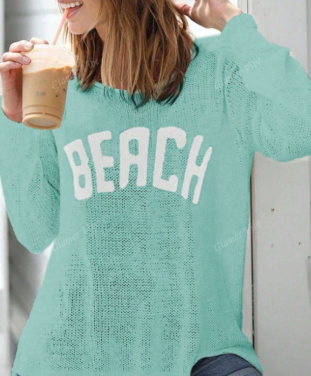 Women Casual Fashion Long Sleeve Letter Loose Knit Pullover Sweater