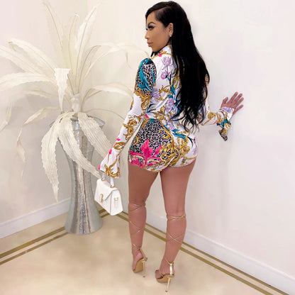 Printed cardigan shorts jumpsuit