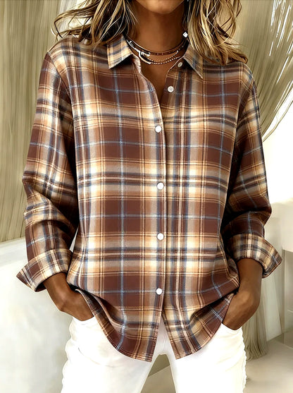 Women's Long-sleeved Lapel Plaid Button Shirt Top