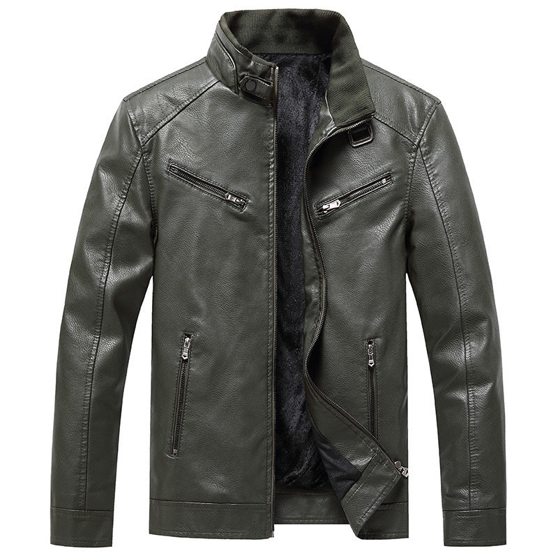 Mens Fleece Padded Coat Casual Korean-Style Stand Collar PU Leather Trendy Youth