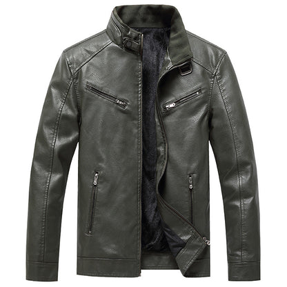 Mens Fleece Padded Coat Casual Korean-Style Stand Collar PU Leather Trendy Youth