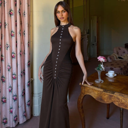 Fashionable Slim-fit Creased Button Round Neck Sleeveless Dress