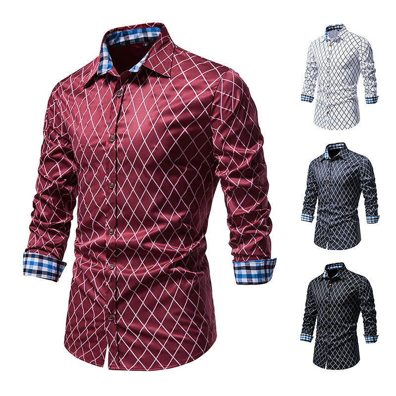 Diamond Check Contrast Color Long Sleeve Fashion Shirt