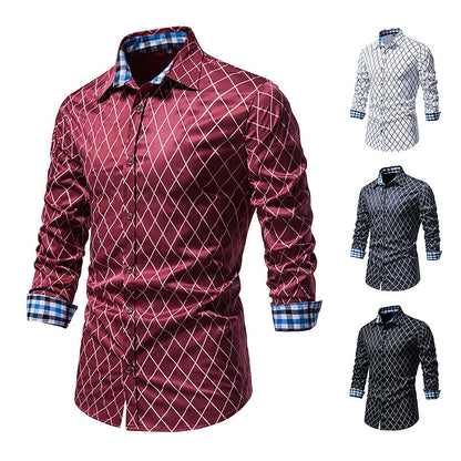 Diamond Check Contrast Color Long Sleeve Fashion Shirt