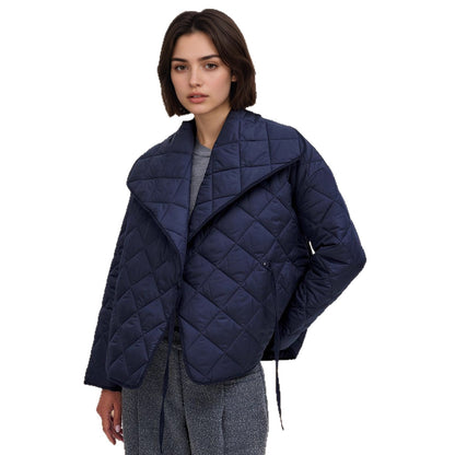 Sapphire Blue With Rhombic Quilted Short Loose Design Cotton-padded Coat