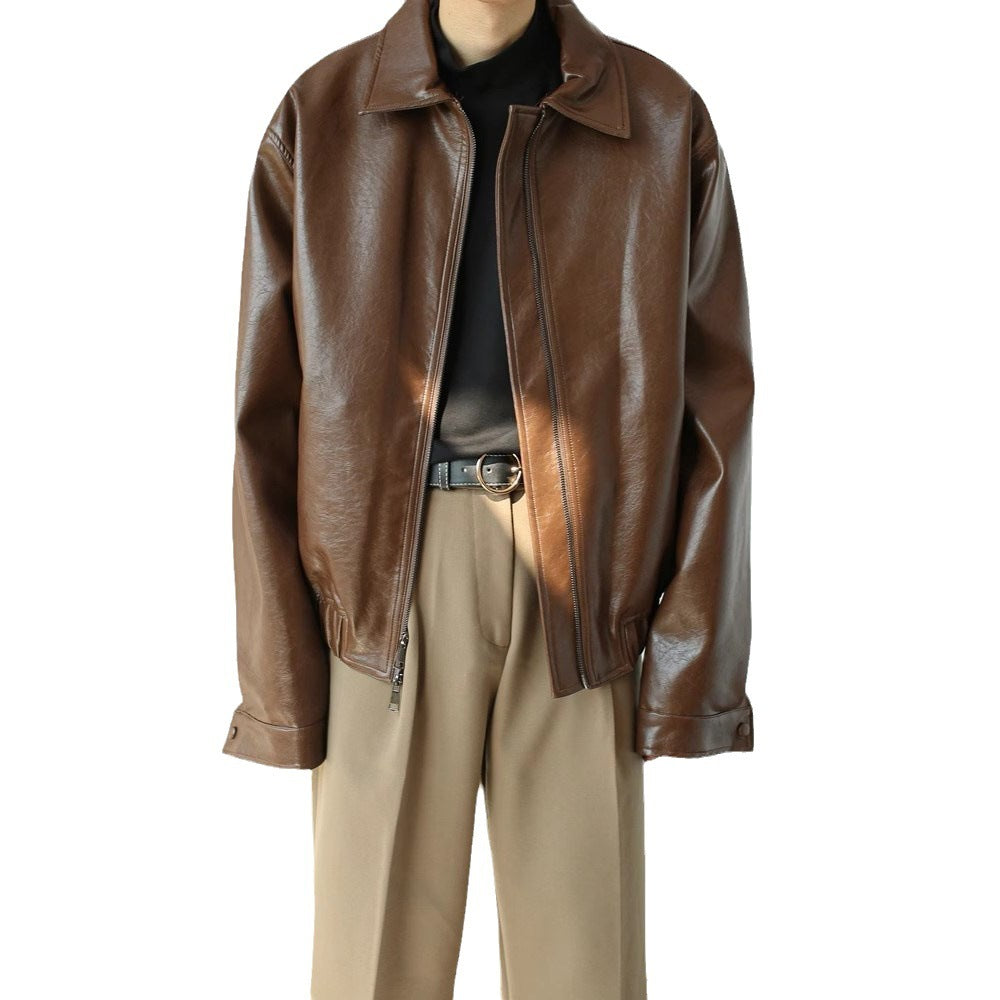 Mens Retro Short Personalized Leather Coat Vintage Individuality