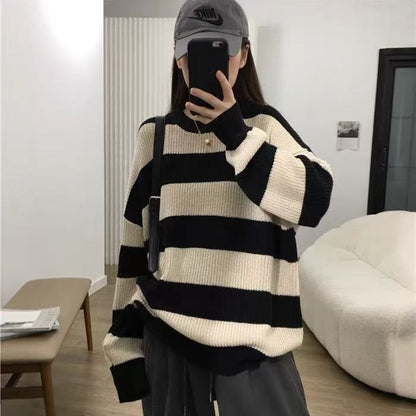 Early Autumn Loose And Lazy Style Striped Sweater For Women