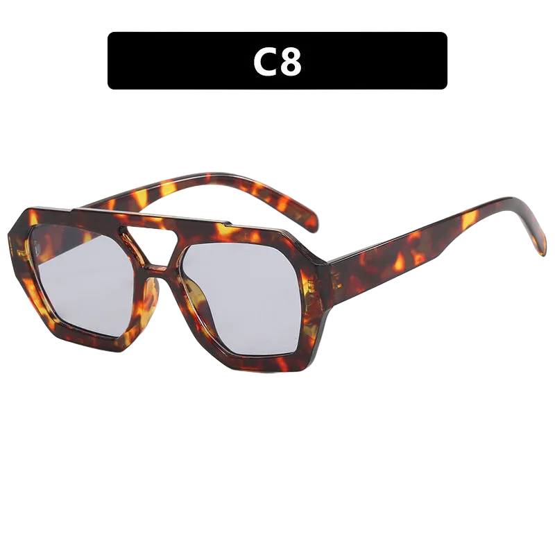 Leopard-frame sunglasses featuring durable PC frames, AC lenses, UV400 protection, multiple color options, and versatile styling for travel, driving, parties, fashion wear, and sun protection.