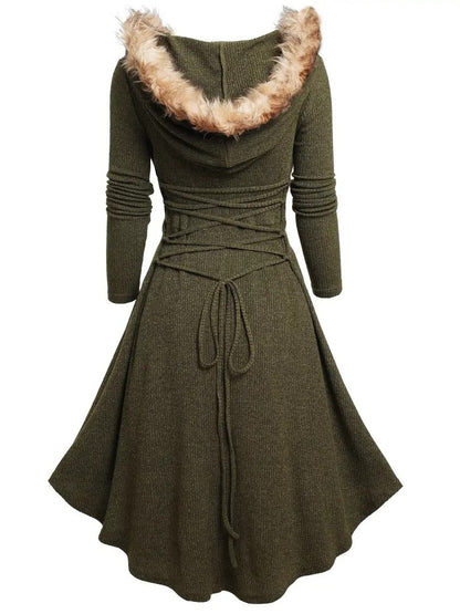 Christmas Women's Vintage Long Sleeve Plush Patchwork Retro Dress