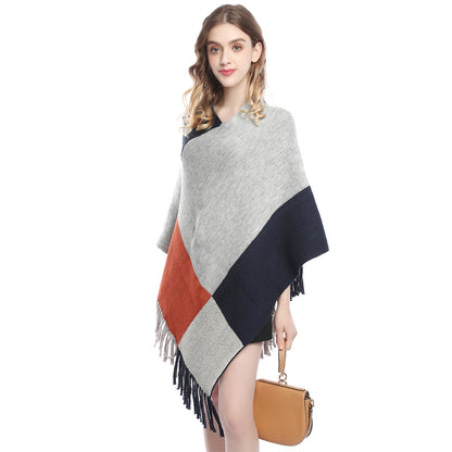 Fashion Women's Wear Color Contrast Patchwork Shawl Cape Knitted