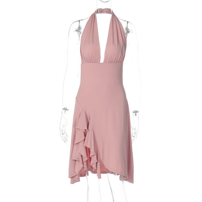 Women's Fashion Sexy Deep V Backless Waist Trimming Sheath Sleeveless Dress