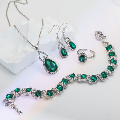 Light Luxury Zircon Necklace Earrings Open Ring Jewelry Suit
