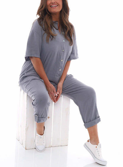 Round Neck Button Mid Waist Pocket Jumpsuit