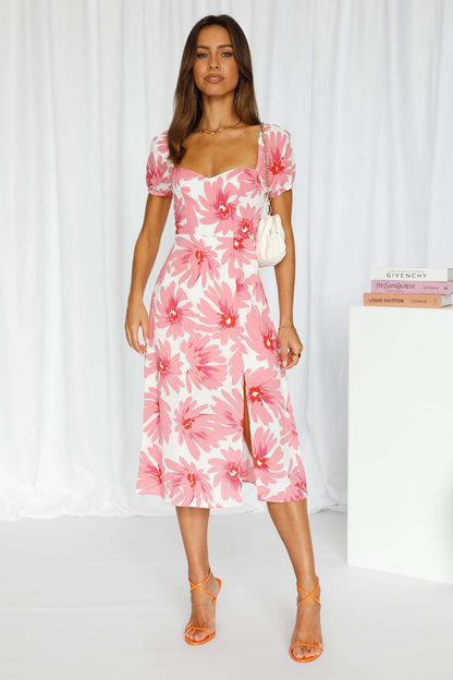 Short Sleeve Casual Ladies Square Neck High Waist Midi Dress