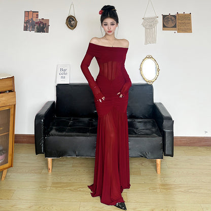 Purple Mesh Dress Off-shoulder Fishbone Waist