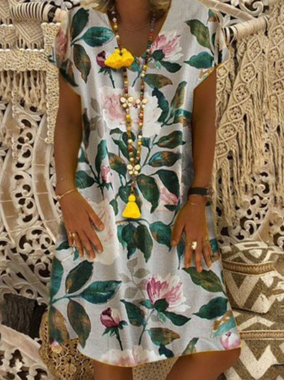 Ladies fashion printed V-neck short sleeve dress