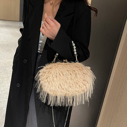 High-grade Versatile Niche Pearl Chain Furry Crossbody Shoulder