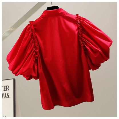 Diamond Decorated Sweet Big Bubble Sleeve Short Sleeve