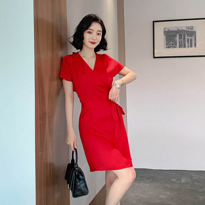 Ladies Fashion Belt Short Sleeve Dress