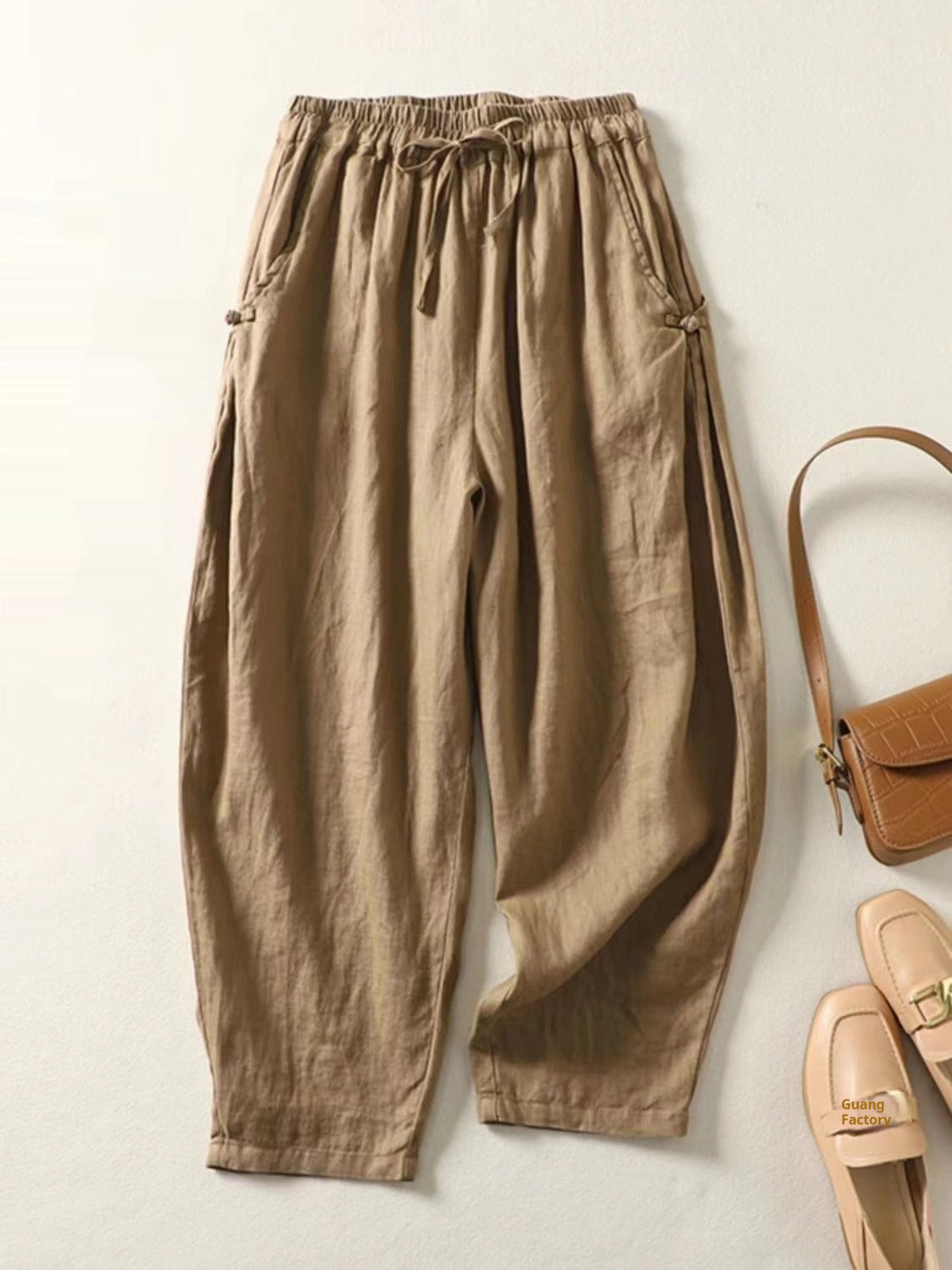 Cotton Cropped Pants Loose Thin Buckle High Waist Lace Up Casual Harem Pants