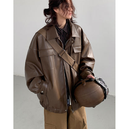Spring Autumn Leisure Japanese Loose Leather Jacket Effortless Zen