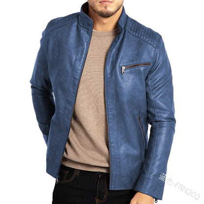 Mens Polyester Stand Collar Punk Motorcycle Leather Jacket Industrial Rebellion