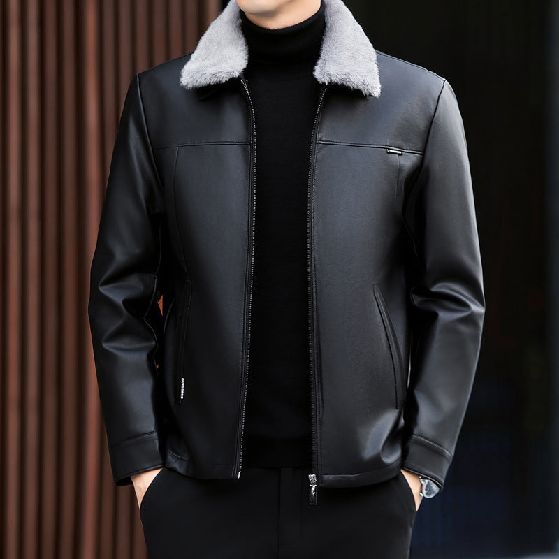 Leather Down Jacket Mens Autumn Winter Thickened Middle-Age Elegance