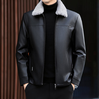 Leather Down Jacket Mens Autumn Winter Thickened Middle-Age Elegance