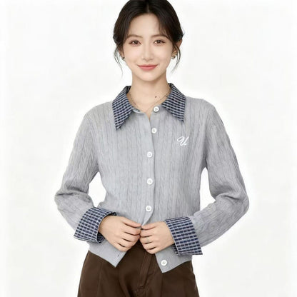 Plaid Stitching Lapel Long Sleeve Twist Knitted Sweater