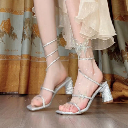 Women's Rhinestone Sandals Snakelike Winding Fashion High Heels