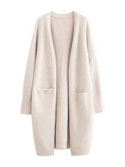 Mid-length Sweater Women's Solid Color V-neck Knitted Jacket