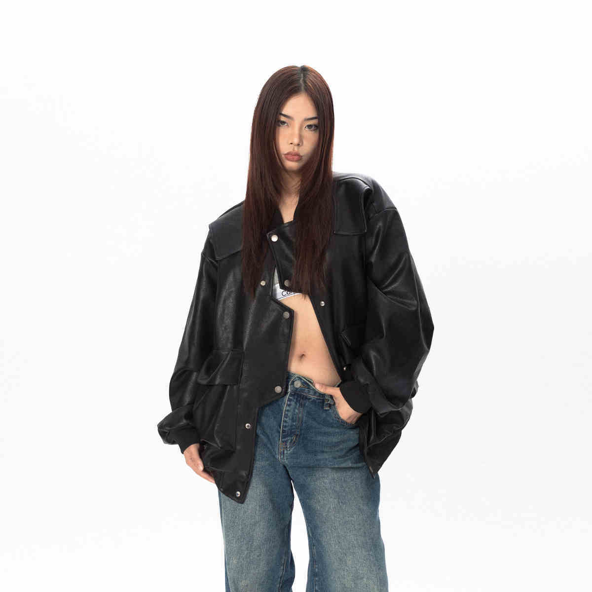 Three-dimensional Pocket Irregular Placket Leather Coat Loose Top