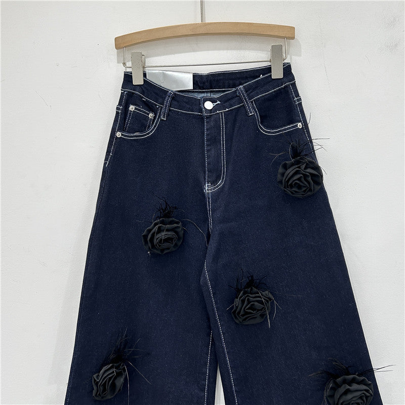 European And American Niche Three-dimensional Feather Rose Flower Jeans