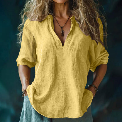Women's Cotton And Linen V-neck Shirt