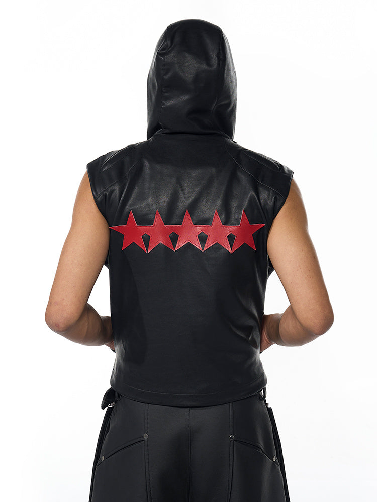 Short Hood Slim Fit Leather Waistcoat Coat Mens Summer Five-Pointed Star PU Edgy Playful