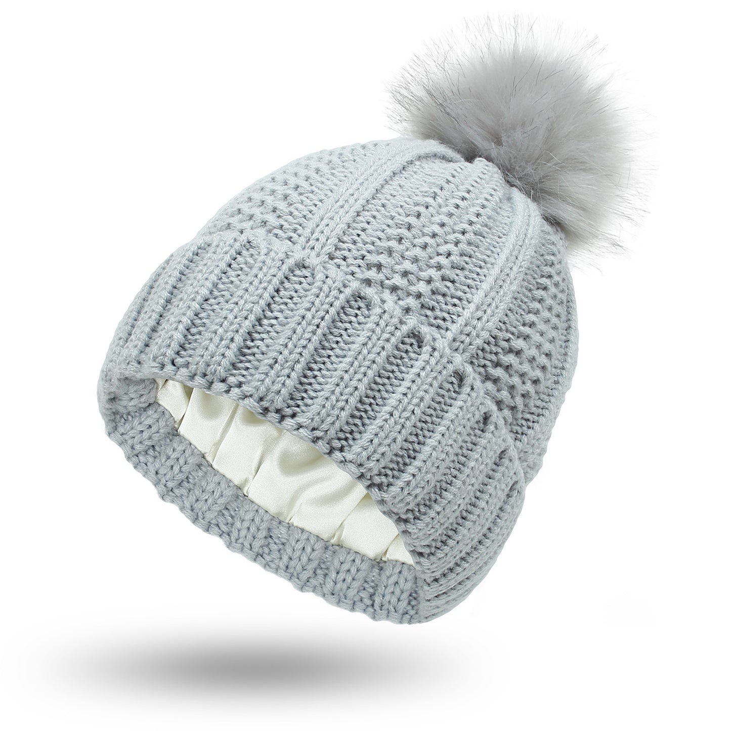 Faux Fur Pom-Pom Beanie Hat | Women's Fleece-Lined Stretchy Knit Winter Skull Cap