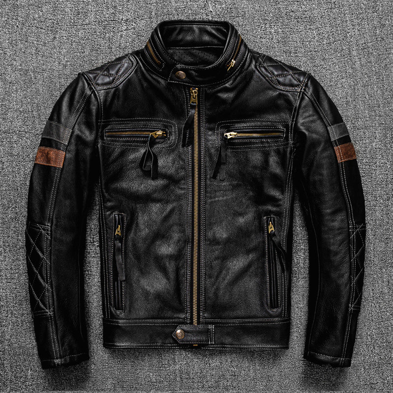 First-Layer Cowhide Leather Coat Mens Stand Collar Motorcycle Cycling Supreme Durability