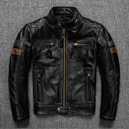 First-Layer Cowhide Leather Coat Mens Stand Collar Motorcycle Cycling Supreme Durability