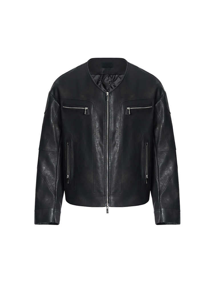 Niche V-Neck Zipper Design Leather Coat for Men Exclusive Edge