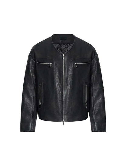 Niche V-Neck Zipper Design Leather Coat for Men Exclusive Edge
