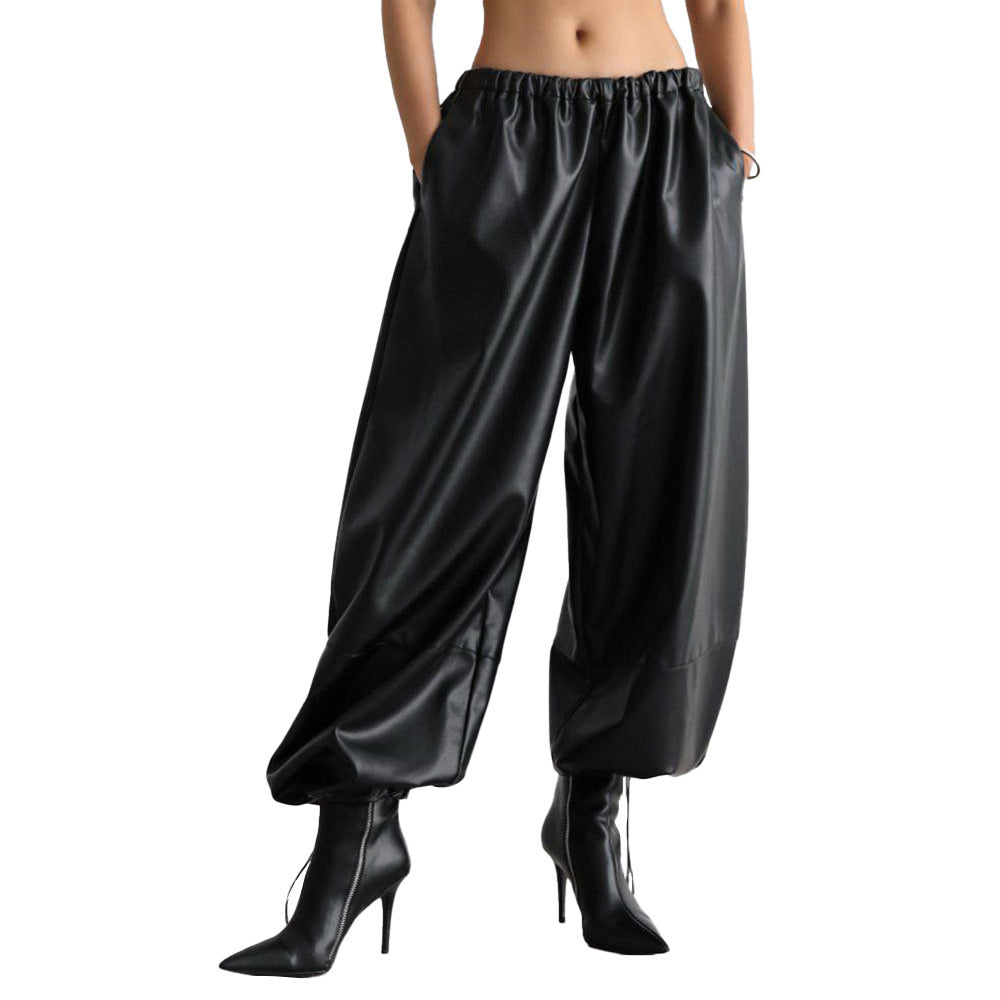 Drawstring Ankle-tied Bloomers Loose Leather Pants PU Leather Trousers